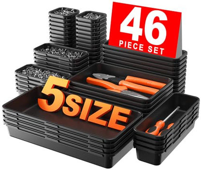 A-LuGei 【𝟰𝟲𝗣𝗖𝗦 & 5 Size】 Tool Box Organizer Tray Divider Set, 【Black】 Bathroom Drawer Organizer Bin, Garage Organization and Storage Toolbox Rolling Tool Chest Cart Cabinet WorkBench Small Part