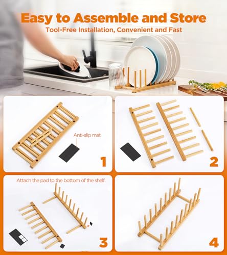 Bamboo Dish Drying Rack, 2 Pack Wooden Storage Holder Organizer for Plate/Bowl/Cup/Book/Pot/Lid/Cutting Board Drying Rack Stand Holder