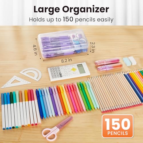 Sooez Plastic Pencil Case Box 6 Pack, Large Crayon Maker Pen Organizer | Plastic Containers with Snap Lids, Stackable Craft Storage Boxes Bulk, School Supplies Art Box for Bead, Clear