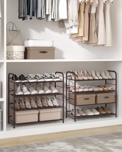 SONGMICS Stackable Shoe Rack, 4 Tier Metal Shoes Rack Storage Shelf, Holds up to 16 Pairs Shoes, Adjustable Slanted Shelves Tower Organizer for Closet Entryway Small Spaces, Bronze