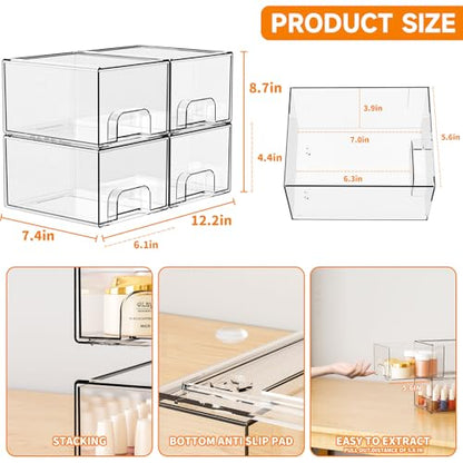 4 Pack Clear Stackable Storage Drawers,4.4'' Tall Acrylic Drawer Containers for Organizing,Bathroom Organizers and Storage Bin Box,Plastic Makeup,Medicine Organizer Bins for Cabinet,Undersink