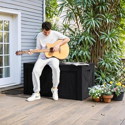 Greesum 120 Gallon Deck Box, Resin Outdoor Storage Container, Black | for Patio Furniture, Garden Tools, Pool Accessories, Weatherproof, Lockable