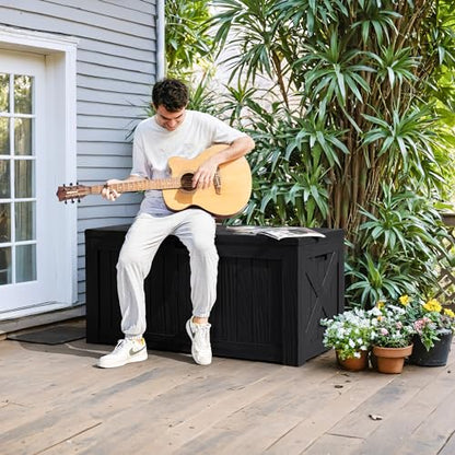 Greesum 120 Gallon Deck Box, Resin Outdoor Storage Container, Black | for Patio Furniture, Garden Tools, Pool Accessories, Weatherproof, Lockable
