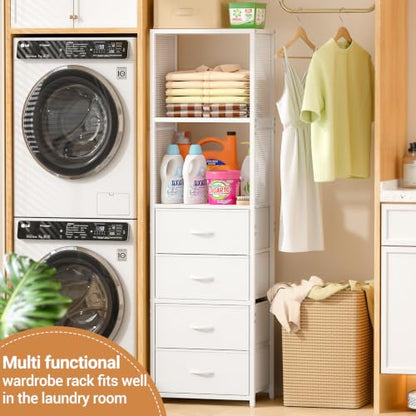 3IngSeagulls Closet Drawer Organizer, Freestanding Closet System with 4 Drawers, Walk-in Closet Storage Unit with Wooden Top & 2-Tier Shelves for Small Closets, Tall Bookshelf Storage Cabinet, White