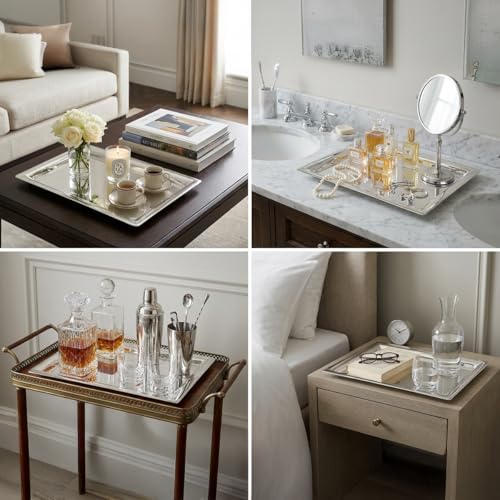 Le'raze Elegant Mirrored Rectangular Silver Tray, Perfect for Whiskey Decanter, Serving, Vanity Set, Candle Tray, and Organizing