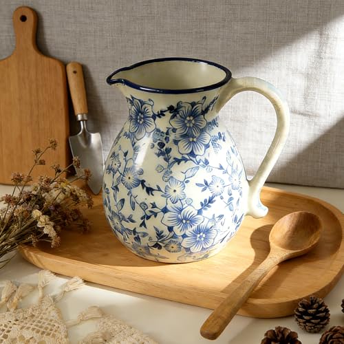 6.1" Blue & White Ceramic Farmhouse Utensil Holder for Kitchen Counter | Blue & white floral ceramic utensil holder with handle; stain-proof glaze; doubles as vase; rustic vintage kitchen decor