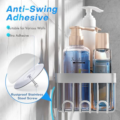 Sewulidon Aluminum Alloy Hanging Shower Caddy for Handheld Shower Heads,Rustproof Hose Shower Organizer 4 Levels Height Adjustable Shower Rack with Hooks,Razor Holder,Soap Holder