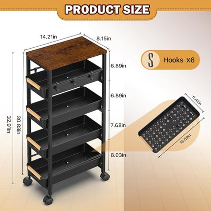 Slim Storage Cart with Wheels, Narrow Kitchen Rolling Cart, Black | 5-Tier Skinny Rolling Cart with Wooden Top & Lockable Wheels, Storage Organizer for Bathroom, Laundry Room, Narrow Space