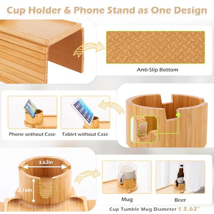 Couch Cup Holder Tray, 3 in 1 Couch Arm Trays,Large Bamboo Chair Arm Rest Tray with 360° Cup Holder,Removable Anti-Slip Organizer for Snack Eating