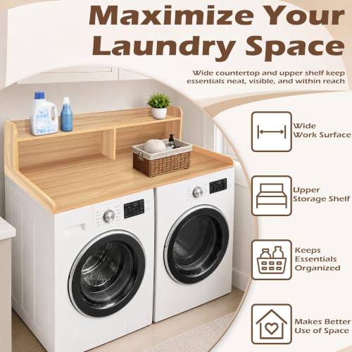 Royxen Laundry Countertop with 2-Tier Shelf Universal Fit, Washer and Dryer Countertop with Storage Space, Shelf Height 11.5 Inches, Solid Wood Core, Oak
