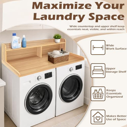 Royxen Laundry Countertop with 2-Tier Shelf Universal Fit, Washer and Dryer Countertop with Storage Space, Shelf Height 11.5 Inches, Solid Wood Core, Oak
