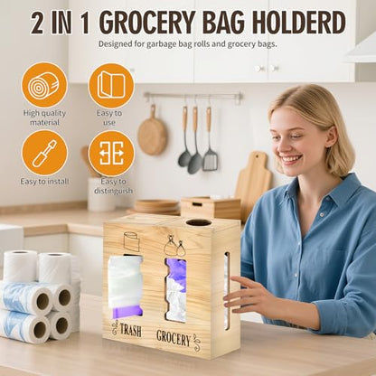 2 in 1 Trash Bag Dispenser and Grocery Bag Holder, Large Wooden Plastic Bag Holder, Wall Mount Trash Bags Holder for Grocery and Plastic Bags, Kitchen and Laundry Room Organization
