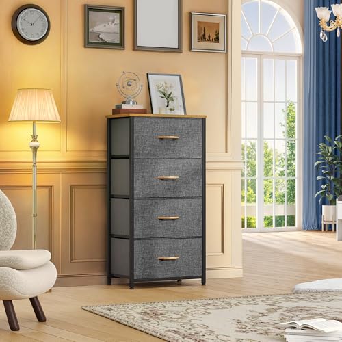 DWVO 4 Drawers Dresser, Small Dresser for Bedroom | Fabric Storage Tower, Organizer Unit for Closets, Living Room, Sturdy Steel Frame, Wooden Top, Easy Pull Handle