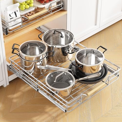 Pull out Cabinet Organizer, 15"W X 21"D, Heavy Duty Smooth Sliding Under Cabinet Shelves for Pots and Pans, Full-Extension Roll out Drawers, Slide out Organization for Home Kitchen Pantry