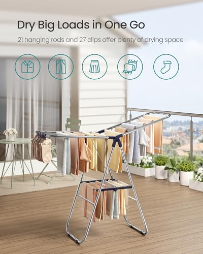 SONGMICS Clothes Drying Rack, Foldable Laundry Drying Rack, Blue | Sock Clips, Metal Clothes Airer with Height-Adjustable Gullwings, Space-Saving, Indoor Outdoor, ULLR505EQ01