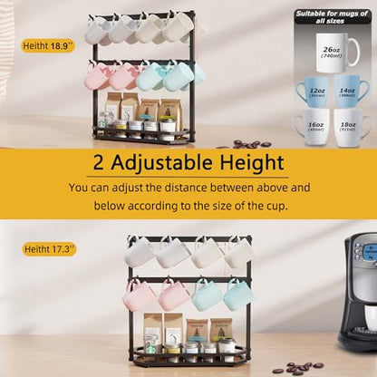 Coffee Mug Holder with Movable Hooks,16 Capacity Coffee Cup Holder for Countertop, Metal Mug Tree Holder Rack with Storage Base,Home Storage Mug Organizer adjustable Heights (Black)