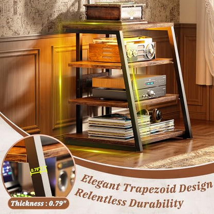 AV Media Stand, Stereo Stands and Racks Small Entertainment Center | Corner Shelf Stand with Power Strip & LED Lights, Audio Tower HIFI Rack Stereo Shelf CRT TV Stand, 4 Tier, Rustic Brown