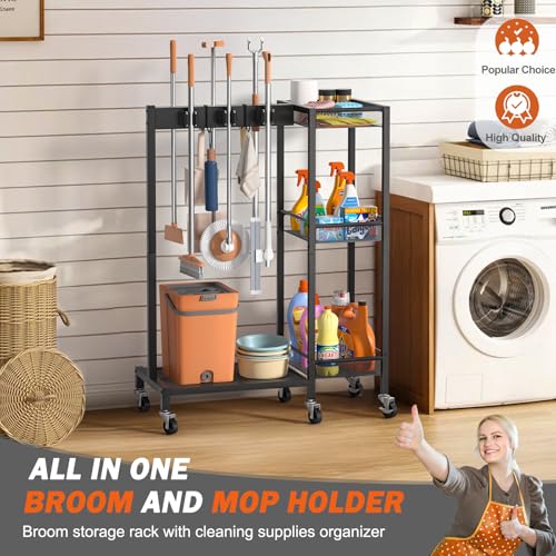 Broom Holder with Cleaning Supplies Organizer, Broom Closet Storage Cabinet with Cleaning Caddy, Cleaning Cart with Mop Hanger Gripper Rack Hooks,Janitorial Cart,Utility Carts Household Essentials