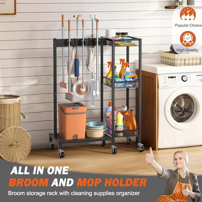 Broom Holder with Cleaning Supplies Organizer, Broom Closet Storage Cabinet with Cleaning Caddy, Cleaning Cart with Mop Hanger Gripper Rack Hooks,Janitorial Cart,Utility Carts Household Essentials