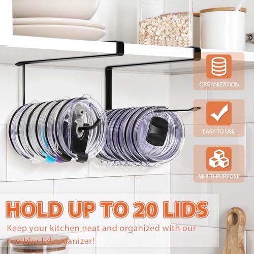 2 Pack Tumbler Lid Organizer, Versatile Storage Holds 20 Lids, Round&Flat | Space Saving Cup Lid Organizers Inside Cabinet Tumbler Lid Hook for Pantry Kitchen Organizer, Paper Towel Rack Hanger, Black
