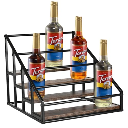 4-Tier Coffee Syrup Organizer, 16-Bottle Rack, Rustic Brown | Holds up to 16 bottles with stepped visibility; rustic wood and metal design for syrups, kitchens, and home coffee bars.