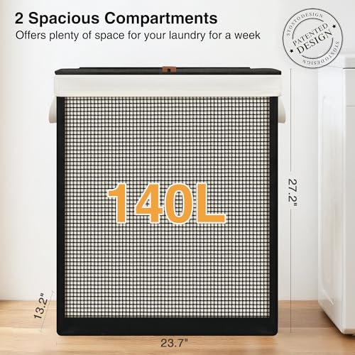 Double Laundry Hamper with Lid, 140L Large 2 Section Laundry Sorter, Laundry Basket with Removable Washable Canvas Liner Bag, Breathable Clothes Hamper for Bedroom Bathroom Laundry Room Closet
