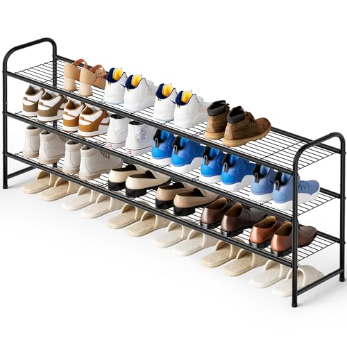 3-Tier Long Shoe Rack for Closet Metal Shoe Organizer for Entryway, Wide Stackable Shoe Storage Shelf with Sturdy Wire Grid for Closet Floor, Bedroom, Black
