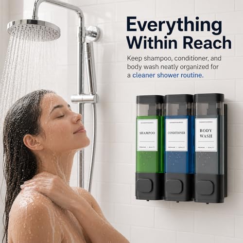 Shampoo and Conditioner Dispenser – Wall-Mounted Shower Soap Dispenser, No-Drill Installation, Lockable, 900 ml Capacity,for Bathroom & Hotel or Airbnb (Black, 3-Pack)