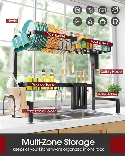 Over The Sink Dish Drying Rack - Adjustable 2 Tier Large Capacity Stainless Steel Drainer with Cutlery & Utensil Holders, Kitchen Storage & Organization, 30"-33.9" L x 11" W x 21.5" H, Black