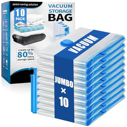 10 Jumbo Vacuum Storage Bags for Bedding Vacuum Seal Bags for Blankets | Extra Large Storage Bags Vacuum Sealed with Hand Pump Space Saver Bag for Clothing Travel Bedding Comforters Pillow Duvets
