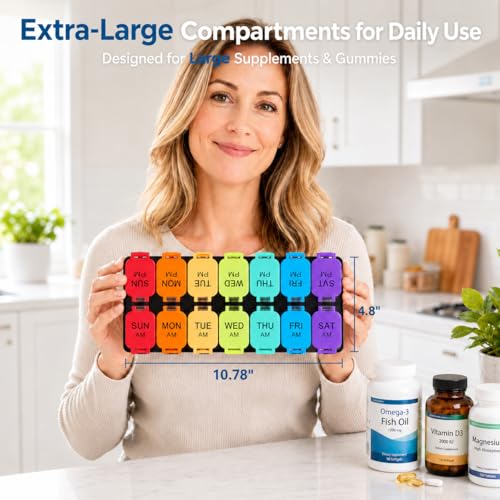 Yaklim Extra Large Weekly Pill Organizer, Detachable 7 Day AM PM Pill Box | XXL 14 Detachable AM PM Compartments；For Big Vitamins & Supplements； Easy to Open & Fill； Waterproof Seals； Easy Readability