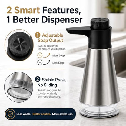 Dish Soap Dispenser for Kitchen,304 Stainless Steel Hand Soap Dispenser with Adjustable Output,Refillable Soap Pump with Clear Refill Base, Leak Resistant, Rust Resistant, Non-Slip