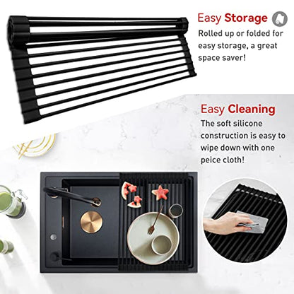 Roll Up Dish Drying Rack Silicone Wrapped Over The Sink Dish Drying Rack Multipurpose Foldable Sink Drying Mat Anti-Slip & Anti-Rust Dish Rack for Kitchen, 17.5" x 13", Black