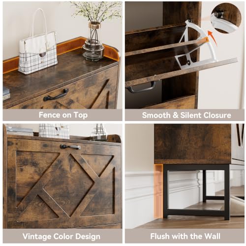 Shoe Storage Cabinet with 2 Flip Drawers, Freestanding Wood Shoe Organizer with Metal Legs, Farmhouse Slim Shoe Rack for Entryway, Foyer, Hallway, Rustic Brown