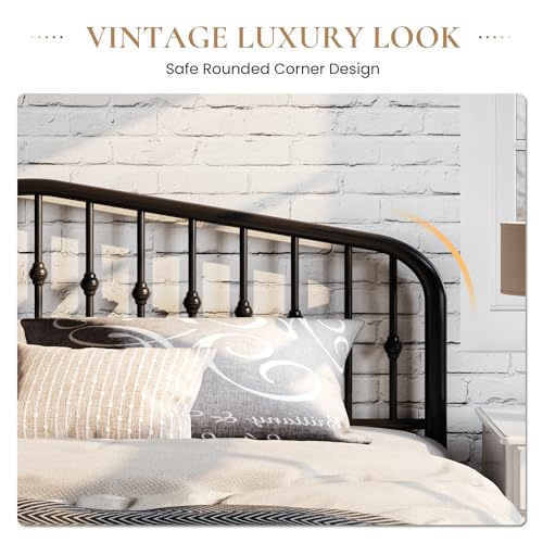SHA CERLIN Queen Metal Bed Frame with Wrought Iron-Art Headboard, Black