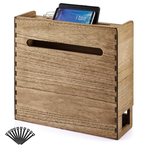 KIRIGEN Wooden WiFi Router Storage Box, 3-Tier Cable Organizer, Brown | Solid Wood 3-Tier Design Stores Routers, Modems, Power Strips, Adapters, and Cables for Desks, TV Stands, and Home Offices