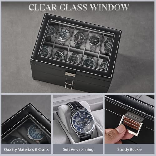 ProCase 3-Layer Watch Box with Glass Lid for Men, 20-Slot, Black | PU Outer, Velvet Lining, Jewelry Storage Organizer with Drawer, for Straps Cufflinks Rings, Gift for Men Father Dad Husband