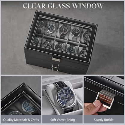 ProCase 3-Layer Watch Box with Glass Lid for Men, 20-Slot, Black | PU Outer, Velvet Lining, Jewelry Storage Organizer with Drawer, for Straps Cufflinks Rings, Gift for Men Father Dad Husband