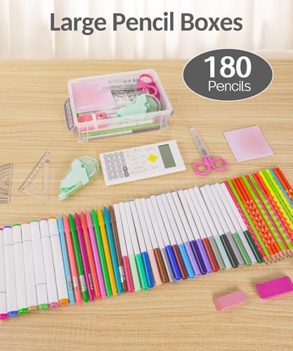 Sooez 6 Pack Extra Large Pencil Box, Plastic Pencil Case Crayon Box | Clear Marker Organizer Plastic Containers with Lid, Stackable Storage Boxes for Art Craft,Back to School Supplies, Grey
