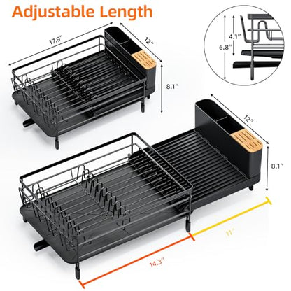Urackify Extendable Dish Drying Rack, 18.5"-26.7" L x 12.7" W, Black | Multifunctional large dish rack with cup holder and built-in cutlery holder for versatile drying needs