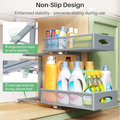 2 Pack Under Sink Organizer, 2 Tier Pull out Cabinet Organizer Mesh Baskets with 5 Adjustable Heights, Sliding Drawers Storage Shelf for Home, Kitchen, Bathroom, Pantry, Office, Countertop ,Grey