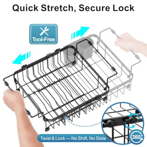 Dish Drying Rack Over the Sink, Expandable Dish Drainer for Small Kitchen, Apartment, RV, Dish Strainer with Utensil Holder and Twist-Lock, Space Saving, Black