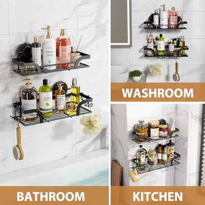 2 Pack Shower Caddy Suction Cup, Shower Shelves for Inside | Rustproof Bathroom Storage, NO Drill Bathroom Organizer, Heavy Duty Storage Basket, Black Shower Caddies, Metal Shower Shelf