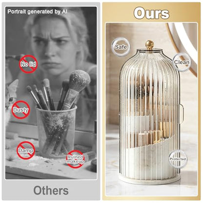 Covered Makeup Brush Holder with Sliding Lid, 360° Rotating Makeup Organizer Countertop for Vanity, Bathroom, Make up/Nail Brushes Storage, Dustproof Toothbrush Holders with Cover for Bathrooms, White