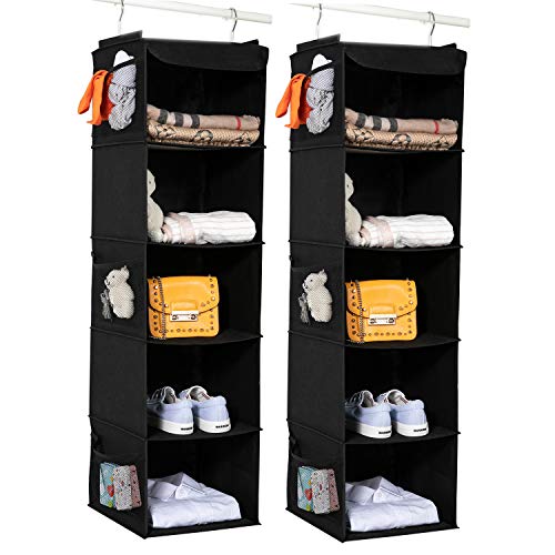 2 Pack Hanging Closet Organizer, 5 Shelves Hanging Storage with 6 Side Pockets for Clothes Shoes, 43"x12"x12"(Black)