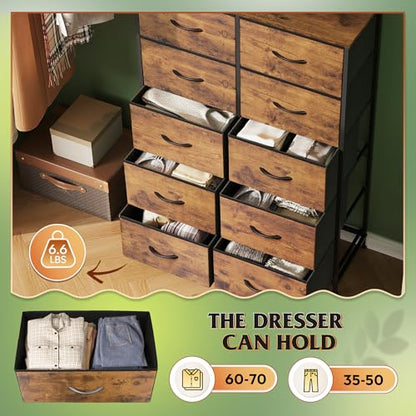 WLIVE Tall Dresser for Bedroom, Rustic Brown Wood Grain Print | 10 Drawers, Fabric Dresser for Closet, Storage Tower with Cabinet, Metal Frame