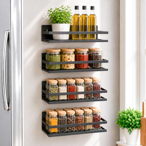 4 Pack Metal Magnetic Spice Rack for Fridge – Heavy-Duty | Iron Construction, Rust-Resistant, Dust-Resistant, Fits Condiment Bottles, Includes Screws for Optional Wall Mount