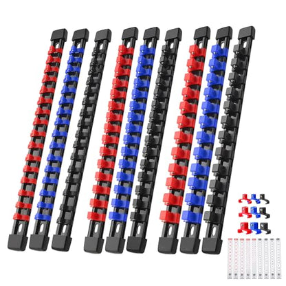 Reniteco 9-Pack Socket Organizer Set, 1/4" x 48 3/8" x 45 1/2" x 36 Clips | 129 Clip Capacity, Havy-Duty ABS Socket Rails, Removable Clips, Drive Socket Storage, Toolbox Drawer or Wall Mount