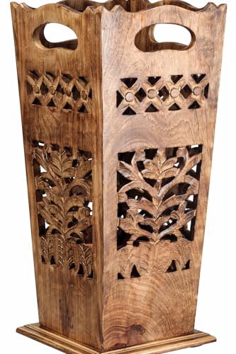 Antique Wooden Umbrella Stand & Walking Cane Holder for Home, Office & Entryway | Hand-Carved Solid Wood Umbrella & Cane Storage Rack | Size 21.5 x 8 x 8 in, Base 7.5 x 7.5 inches (Paisley)