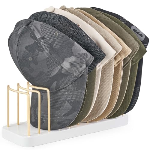 Mkono Hat Organizer for Baseball Caps, Hat Holder Storage for Closet, Gold | Hat Rack for 10 Caps, Space Saving, Easy Assembly, Sturdy Wood Base, Clear Display Stand, for Tabletop Shelf Dresser Bedroom
